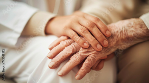 close-up of a younger person's hands gently holding the hands of an elderly person, conveying a sense of care and support. photo