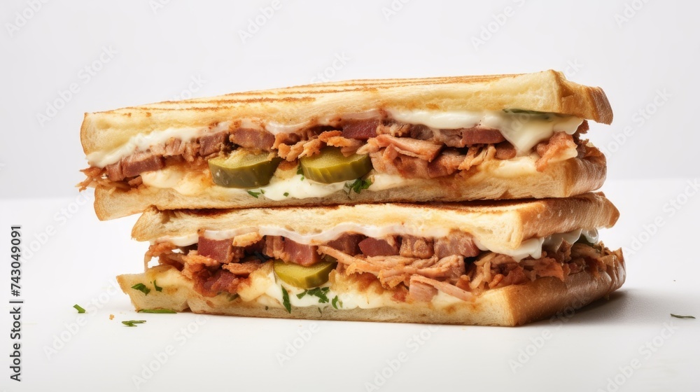 Close-up realistic photo of a mouthwatering Cubano sandwich on a white background Generative AI Close-up realistic photo of a mouthwatering Cubano sandwich on a white background Generative AI