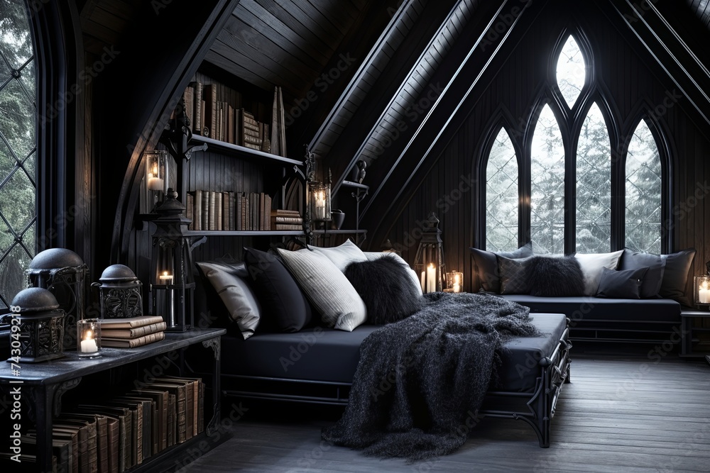 Contemporary Gothic Living Room Ideas: Serene Dark Bedroom with Gothic Features Stock ...