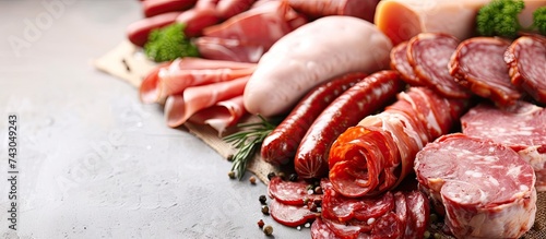 Assorted meat products including ham and sausages. with copy space image. Place for adding text or design photo