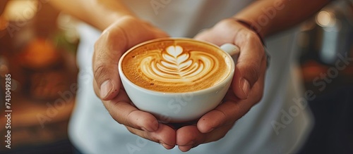 Coffee milk and hands of man in cafe for cappuccino breakfast and caffeine beverage Relax espresso and dairy with barista in coffee shop with latte art for retail mocha and drink preparation