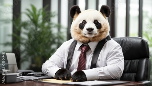 Boss panda animal concept Anthropomorphic wearing suit formal business suit to works in corporate office workplace in the personal company