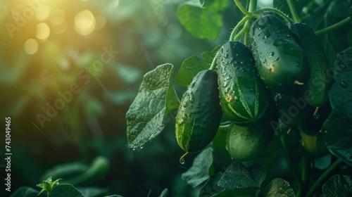 Lush green cucumbers growing in a greenhouse  organic agriculture concept with text space