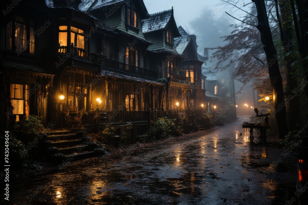 Row of houses with lights on on a rainy night, illuminating the wet asphalt road