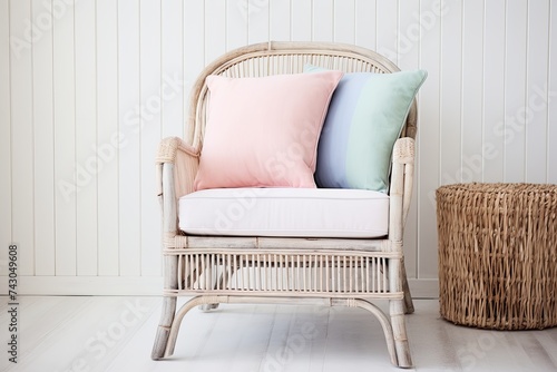 Coastal Rattan Armchair: Distressed Furniture Living Room Inspirations with Pastel Cushion