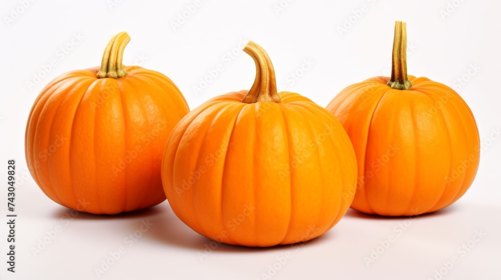 Close-up realistic photo showcasing three bright orange pumpkins on a white background Generative AI Close-up realistic photo showcasing three bright orange pumpkins on a white background Generative AI