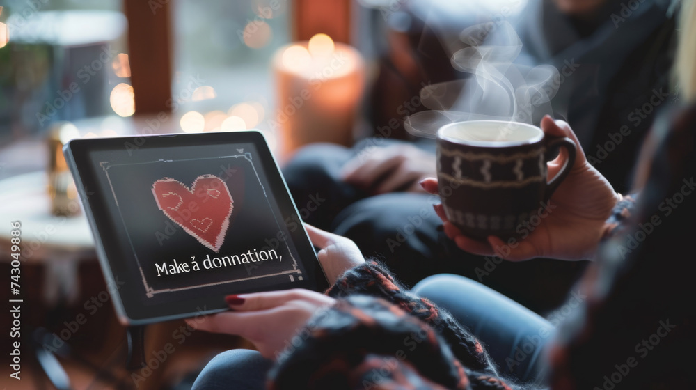 Two hands are holding a tablet displaying a 'Make a donation' screen with a heart symbol, suggesting an online charitable contribution.