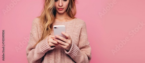 Dating online Mobile phone in hands of woman who scrolling through profiles of men and pressing red heart button with her finger Close up of smartphone screen on which modern dating app is open photo
