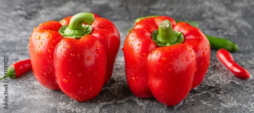 Vibrant red bell peppers with water drops, fresh vegetables background for culinary concepts