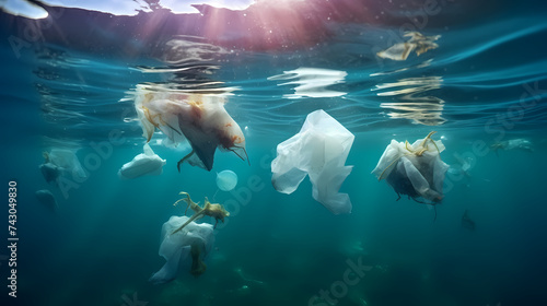 Close-up of plastic bags floating in the ocean