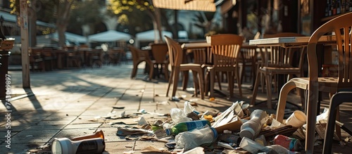 dirty heap of cardboard and plastic bags of waste and garbage bursting over the sidewalk near cafe tables in the city. with copy space image. Place for adding text or design photo