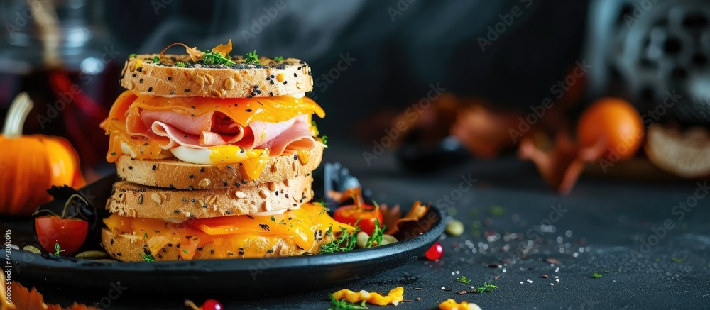 Fun Halloween monster sandwich with slice ham eggs and cheese on plate. with copy space image. Place for adding text or design