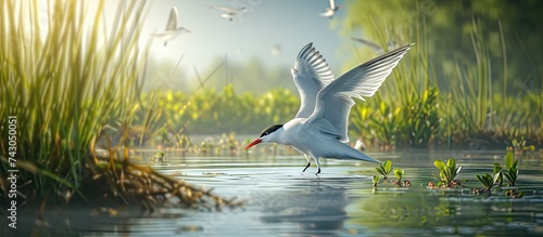 Whiskered tern adult birds at a wetland in spring. with copy space image. Place for adding text or design photo