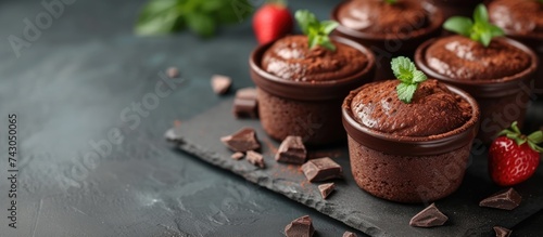 delicious triple chocolate mousse desserts in glasses. with copy space image. Place for adding text or design