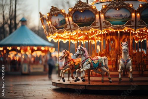 Enjoy a fun carousel ride with beautiful horse sculptures at the amusement park