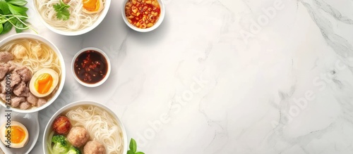 Thai Rice Vermicelli noodles with pork stewed pork meatball pork liver blood soup From Top Angle View. with copy space image. Place for adding text or design