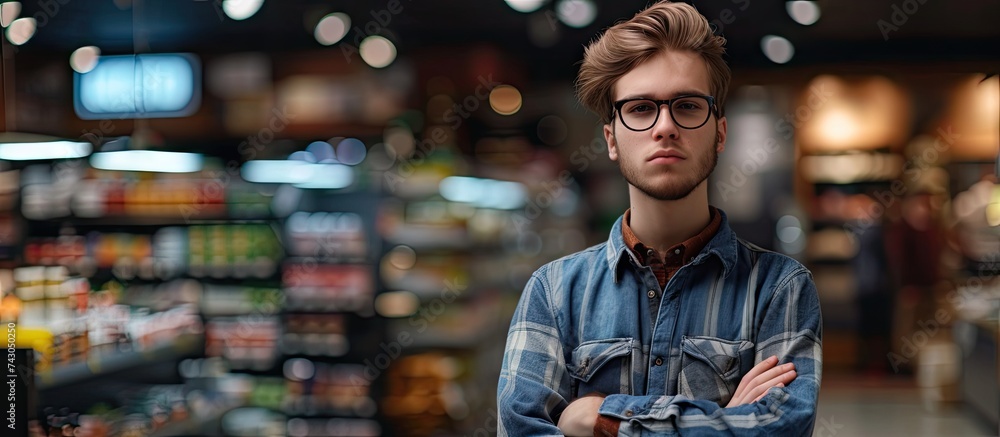 Fototapeta premium Young sales clerk grimacing with crossed arms at supermarket. with copy space image. Place for adding text or design
