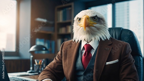 Fototapeta Naklejka Na Ścianę i Meble -  Boss eagle animal concept Anthropomorphic wearing suit formal business suit to works in corporate office  workplace in the personal company