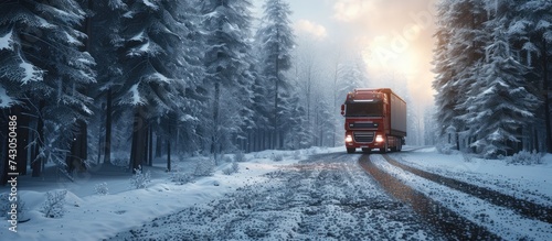 Truck loads timber on a snowy dirt road in a wintry forest. with copy space image. Place for adding text or design