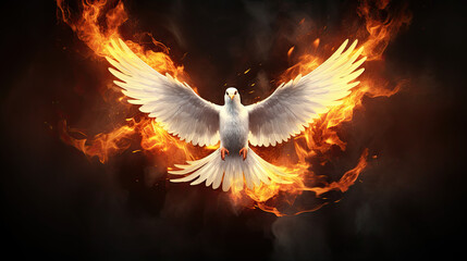 Flying white dove on fire. Isolated on dark background