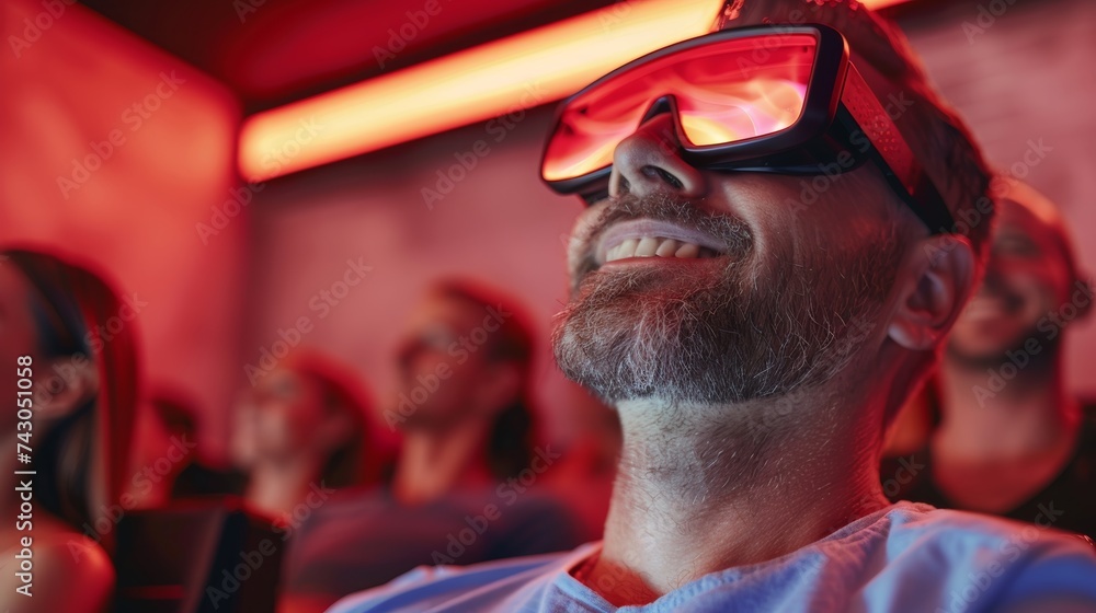 Elderly man smiling with 3d glasses in movie theater, blurred background with audience enjoying film Elderly man smiling with 3d glasses in movie theater, blurred background with audience enjoying film