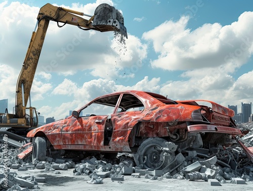 3D render of a destroyed car being transformed into new metal products showcasing the recycling process photo