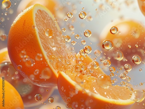 3D render of an orange split open with vitamin C molecules floating around vibrant and educational photo