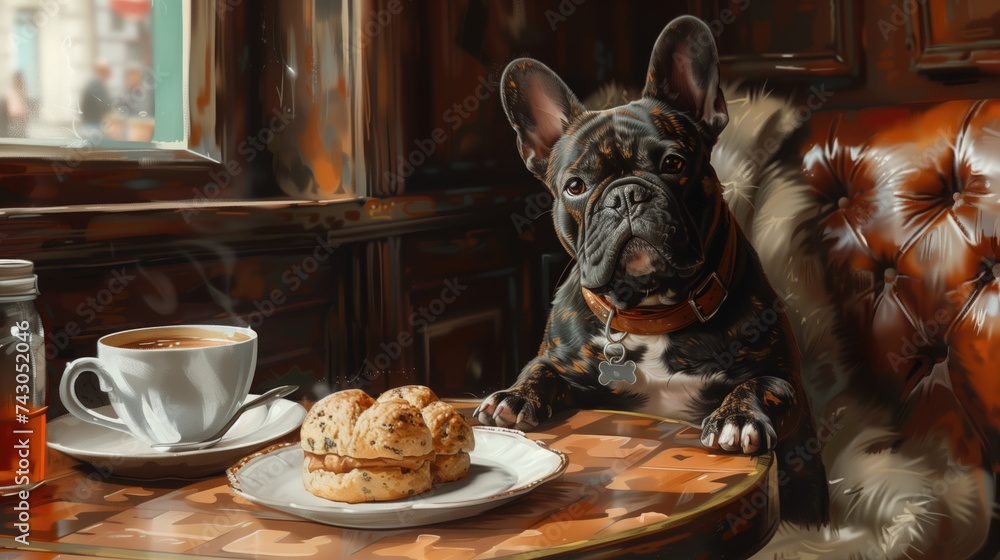 French bulldog with cup of coffee and cookies on the table