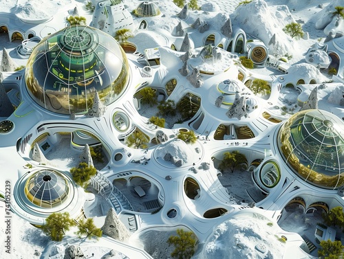 A concept of a futuristic space colony on an extraterrestrial world represented in the form of a 3D map highlighting the architecture and positioning of various structures photo