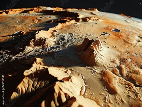 A detailed 3D rendered map of the Mars terrain capturing elements like Olympus Mons Valles Marineris or the polar ice caps in a unique manner photo