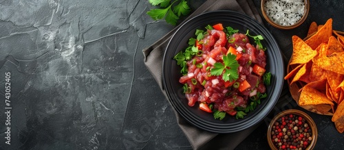 Korean Inspired Steak Tartare with Fresh Taro Chips. with copy space image. Place for adding text or design