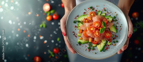 Crop unrecognizable female chef in apron standing with plate of delectable tartare made of fish with avocado and tomatoes. with copy space image. Place for adding text or design photo