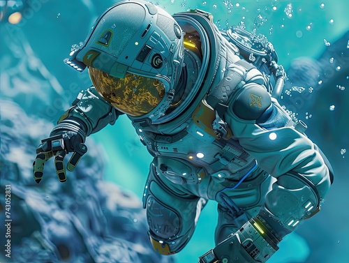 Aquatic creature in a high-tech spacesuit navigating the surface of a water planet photo