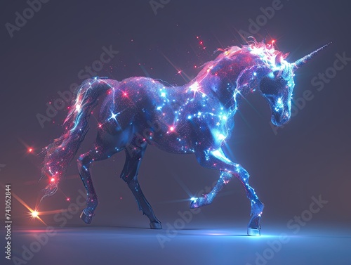 Artistically manifest a 3D render of a space-faring unicorn using the constellations of a galaxy for its mane ensuring it is a unique interpretation