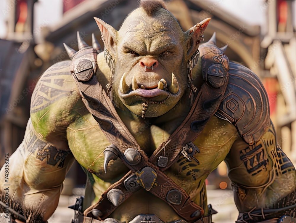 Generate a detailed 3D design of an orc entity in a fantasy game setting with unique characteristics such as distinctive tribal tattoos and unusual bone structure