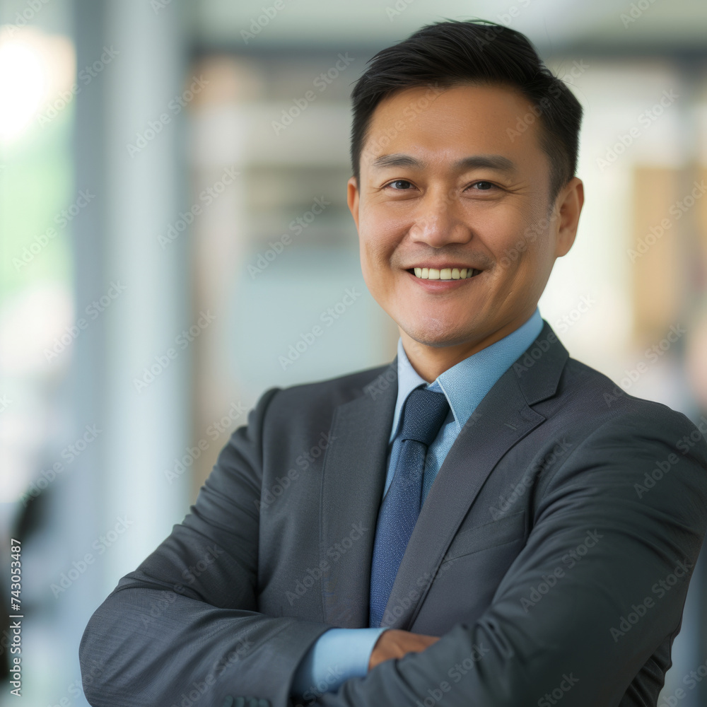 Portrait of a Chinese male businessman 35-50 years in a suit against the background of an office Portrait of a Chinese male businessman 35-50 years in a suit against the background of an office