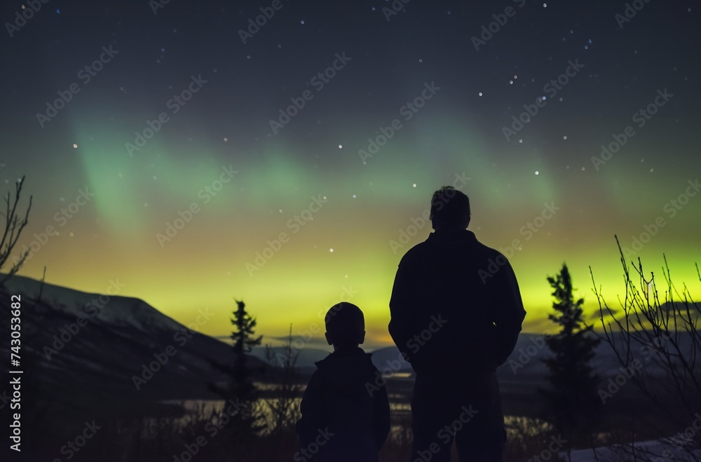Father and son observing aurora borealis