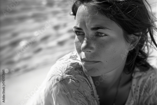 portrait en gros plan noir et blanc d'un visage de femme pensive et triste regardant l'horizon au bord de mer photo