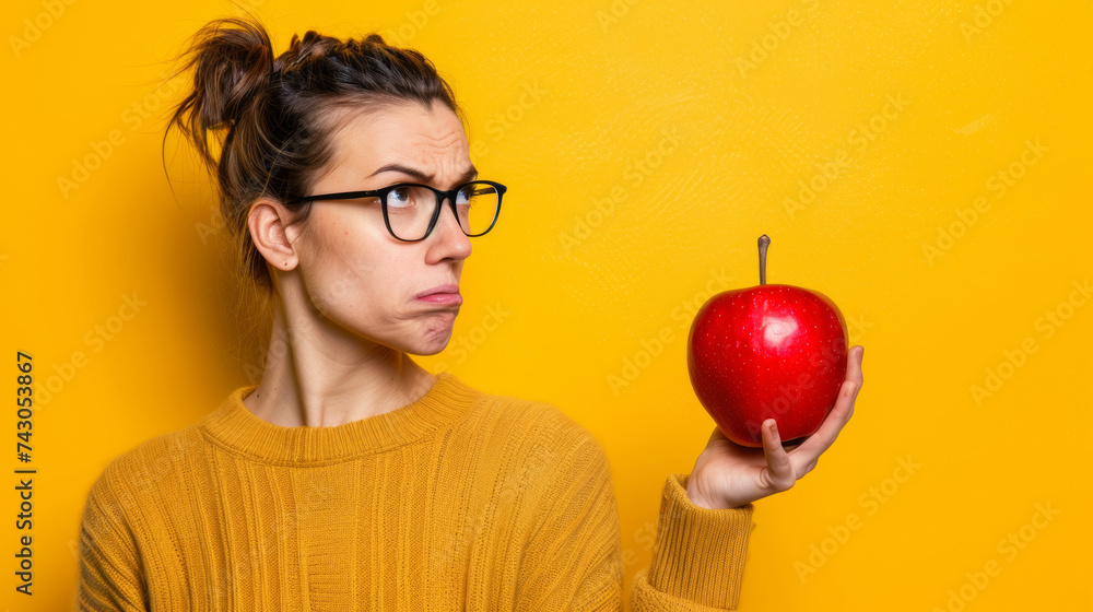portrait studio d'une femme tenant une pomme rouge et faisant une grimace - obrazy, fototapety, plakaty 