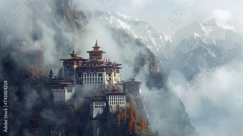 A serene monastery nestled within misty Himalayan peaks