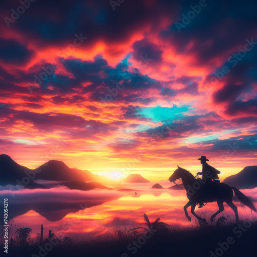 A solitary cowboy riding off into the sunset