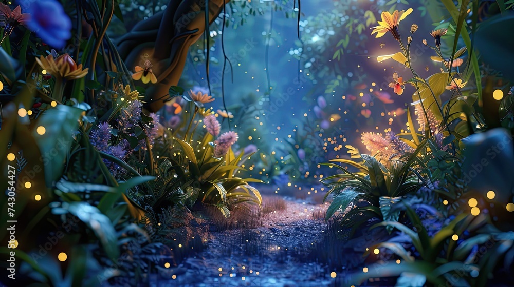 Design a 3D animation of a whimsical fairy woodland at twilight with bioluminescent plants and shimmering pixie dust in the air
