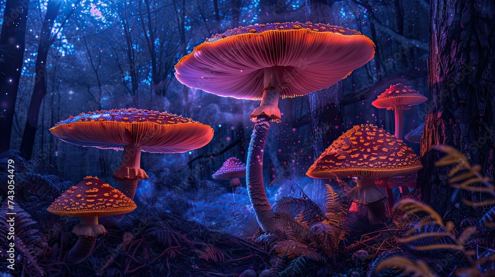 Fototapeta premium Giant mushrooms in a glowing neon forest
