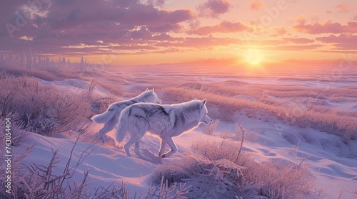 Create a vivid representation of an arctic tundra at dawn where the sun rises over the snowy plains and a pair of white wolves sprint joyously