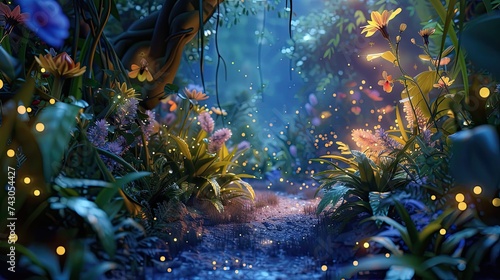 Obraz na płótnie Design a 3D animation of a whimsical fairy woodland at twilight with bioluminescent plants and shimmering pixie dust in the air w salonie