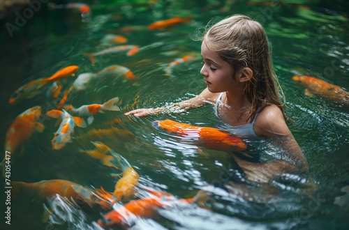 Girl swimming with koi