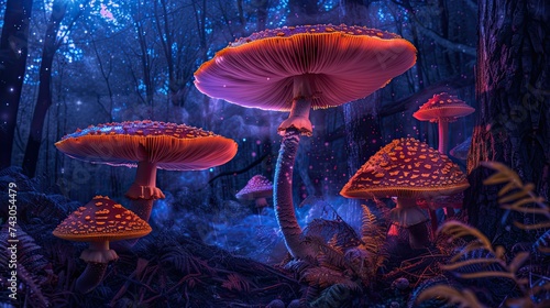 Giant mushrooms in a glowing neon forest