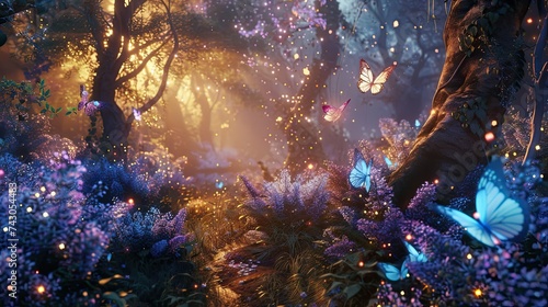 Design a 3D animation of a whimsical fairy woodland at twilight with bioluminescent plants and shimmering pixie dust in the air photo