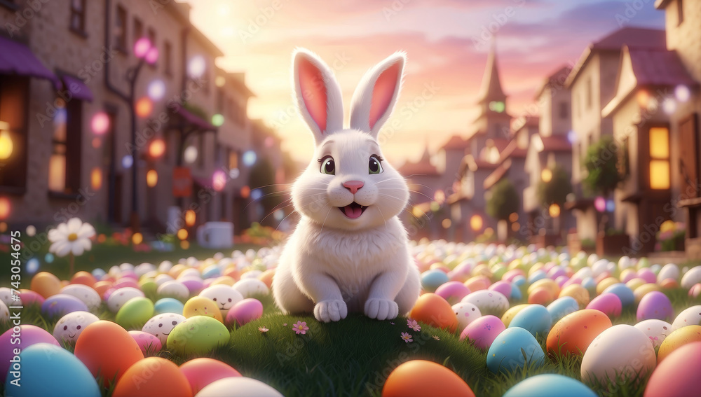 A sweet white Easter bunny with many colorful Easter eggs on a street - obrazy, fototapety, plakaty 