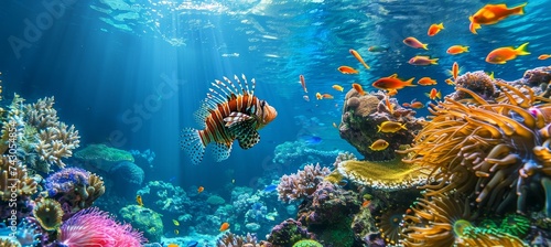Lionfish swim amid vibrant corals in a saltwater aquarium, creating a captivating underwater scene.